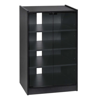 Cabinet multimédia à 5 niveaux avec tablettes réglables à 3 niveaux, portes en verre trempé et gestion des câbles, patiné