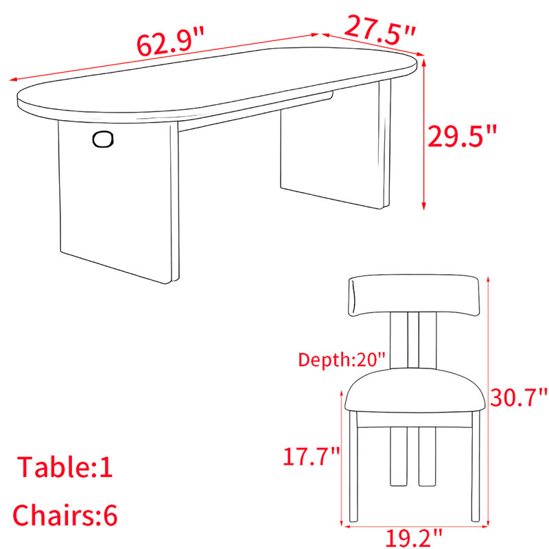 Modern simple solid wood dining table set., 29.5"H x 62.9"L x 27.5"W