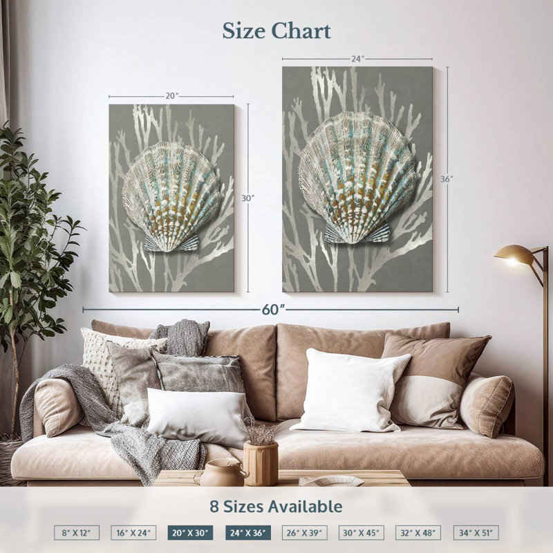 Shell Coral Silver On Gray IV, 36" H x 24" W