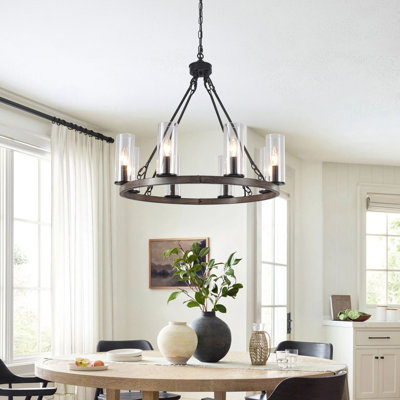8 - Light 25.95" Dimmable Farmhouse Candle Style Wagon Wheel Chandelier With Glass Shape For Dining Room