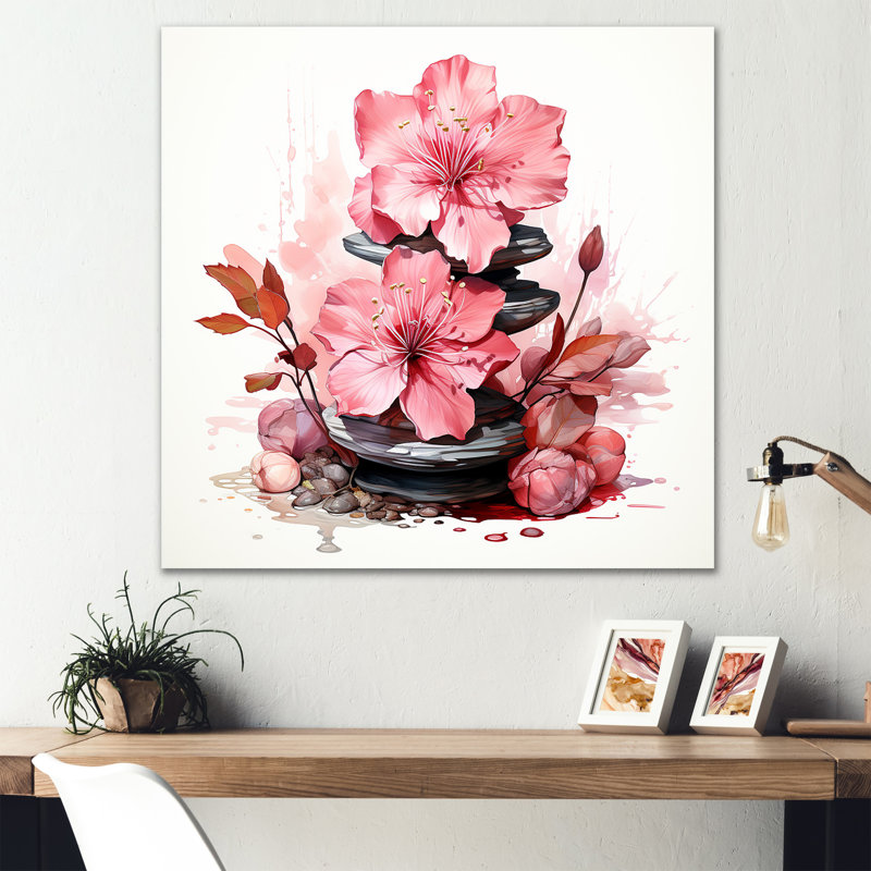 «Pink Zen Blossoms Spiritual Stones I» - art mural en métal fruits, H 16 po x l 16 po x P 1 po