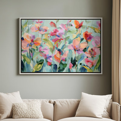 Framed Canvas Wall Art - Colorful Floral Garden with Soft Pastel Background - 16"x24", 24"x36"