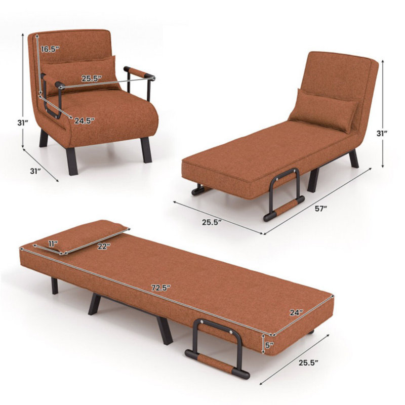 Folding 6 Position Convertible Sleeper Bed Armchair Lounge Couch with Pillow, Brown Linen