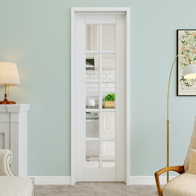 24" x 96" 10-Lite Clear Glass Interior Prehung Door with Silver Hinges, Clear Glass Door Slab, Paintable & Waterproof, Suit for Laundry, Closet Doors, Room Doors, Right Hand