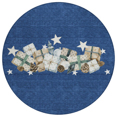 Machine Washable Indoor/Outdoor Christmas Presents Xhevrie Navy Rug
