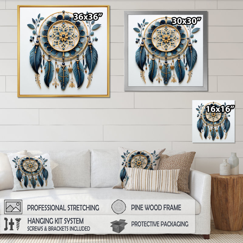 Blue Dream Catcher Minimalist Serenity II - Landscapes Wall Decor, H 16 po x l 16 po x P 1 po, Cadre flottant doré