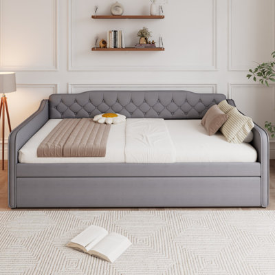 Grey Velvet 4FT6 Double Upholstered Daybed with Pull-Out Trundle, Sofa Bed Conversion, 135x190 cm