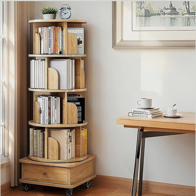 5 Tier Rotating Bookshelf, 360° Display Spinning Bookshelf with Wheels, Rotating Bookshelf Tower