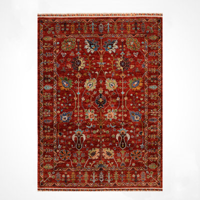 Original Hand Knotted Traditional Pattern Red Wool and Cotton Rug