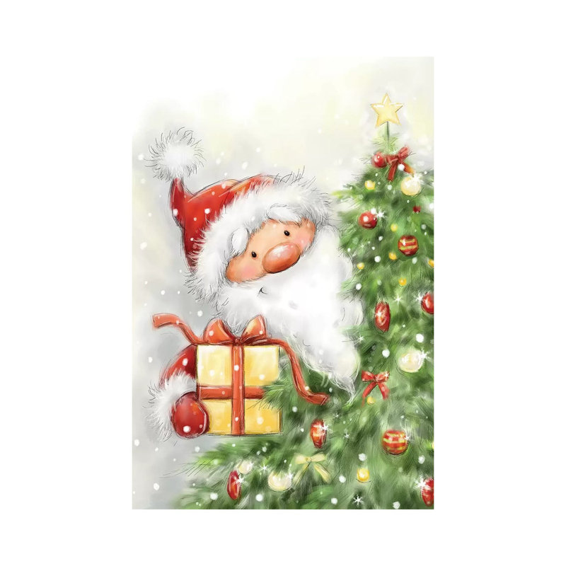 Santa Behind Tree by MAKIKO - Wrapped Canvas Print, 20.32 cm H x 30.48 cm W