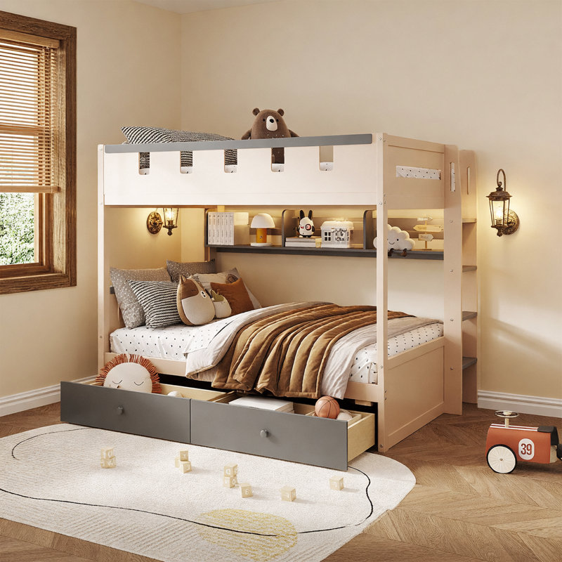 Lit superposé double pleine grandeur de style château avec 2 tiroirs, tablette et DEL, gris, Grey/Beige, Double sur double