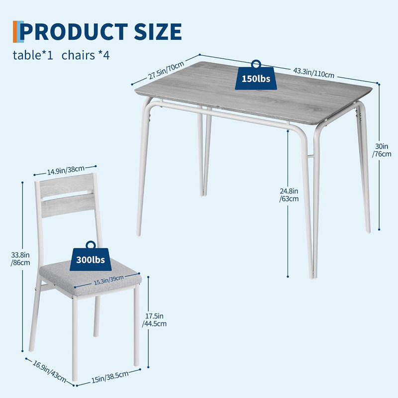 Ensemble table et chaises de salle à manger pour 4 personnes, table de cuisine en bois avec chaises rembourrées