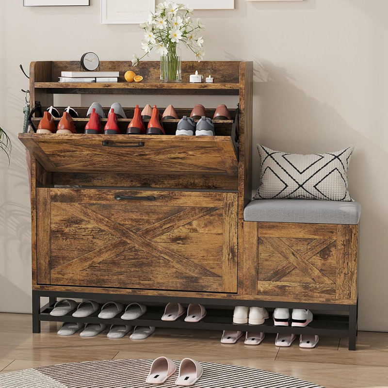 Farmhouse Shoe Cabinet with Bench, Narrow Slim Shoe Storage with 2 Flip Drawers for Entryway & Hallway, Brown
