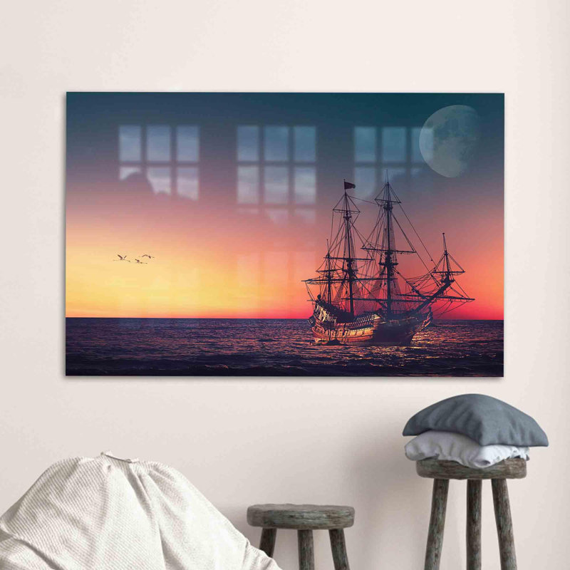 Superbe vue de paysage marin imprimée sur verre trempé avec un majestueux bateau dans l'océan, H 18,1 po x l 28,3 po