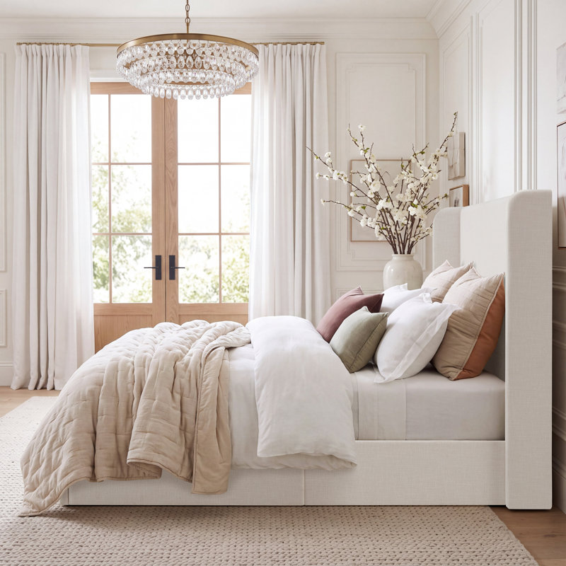 Carmen Upholstered Wingback Bed, King, Ivory Canvas