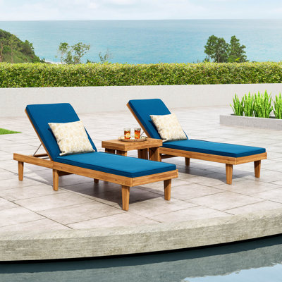 Morell 78.75" Long Reclining Acacia Single Chaise with Cushions and Table by Trent Austin Design