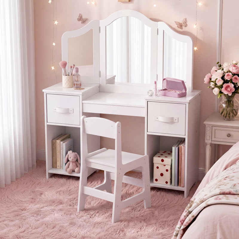Melisa 2-in-1 Princess Makeup Desk & Chair With Tri-folding Detachable Mirror, Qpen Storage Shelves Pretend Play Dressing Table, Ideal Gift for Little Girls