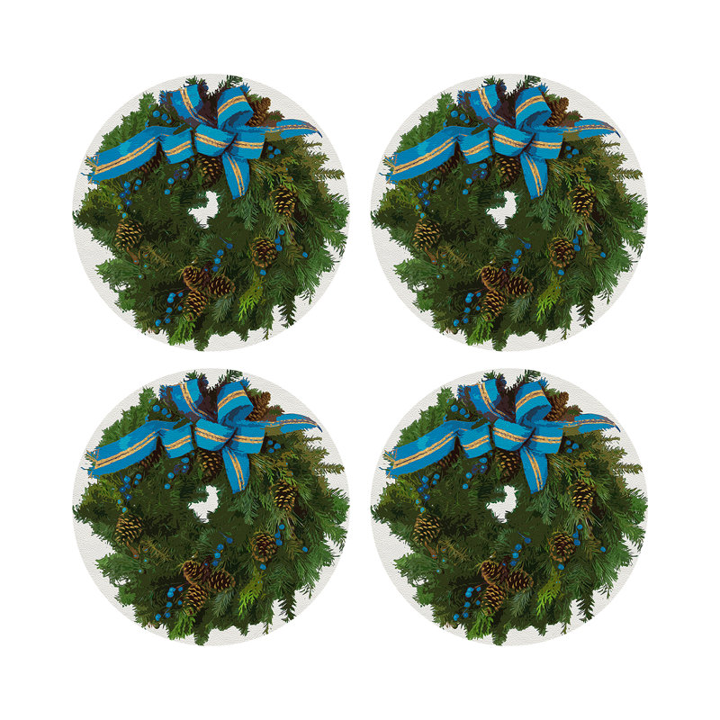 Christmas Wreath Vegan Leather Round Pebble Placemat, White Cerulean
