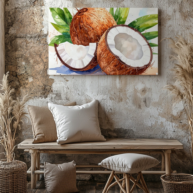 Toile, art tropical, noix de coco, H 9 po x l 12 po