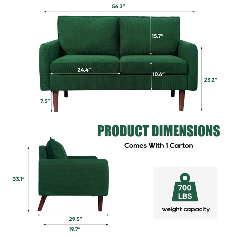 Canapé de 56 po Marick, petits fauteuils en velours côtelé pour le salon, L 56,3 po, Velours côtelé vert