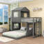 Lit simple superposé au dessus d'un lit double avec maisonnette, fenêtre et échelle-431957658