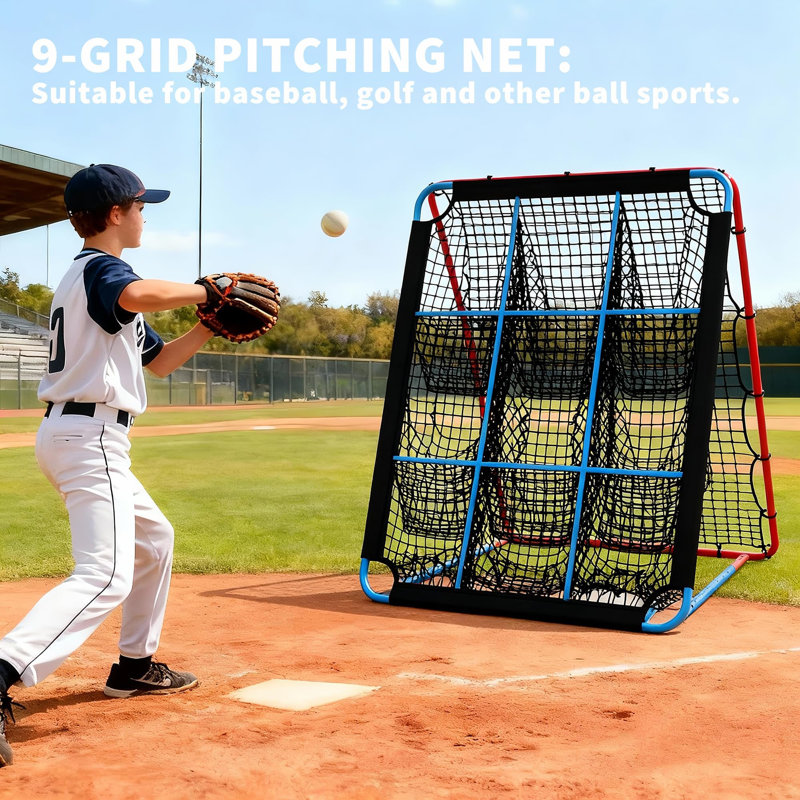 Filet de rebond 2 en 1 avec 9 trous, base ajustable pour baseball, balle molle et soccer
