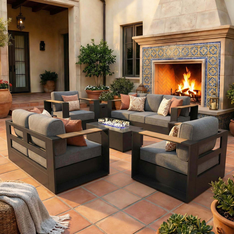  Outdoor Oversized Aluminum  Conversation Set With Firepit Table And 6-inch Cushion, Dark Grey