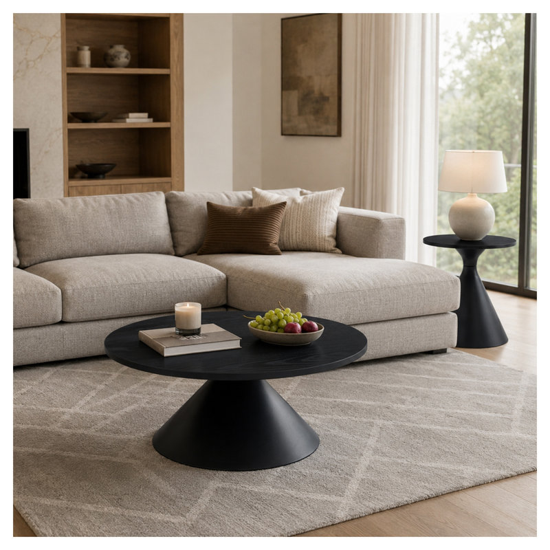 Ensemble de 2 tables basses rondes avec dessus à motifs noirs et bases de sablier noires assorties, Noir