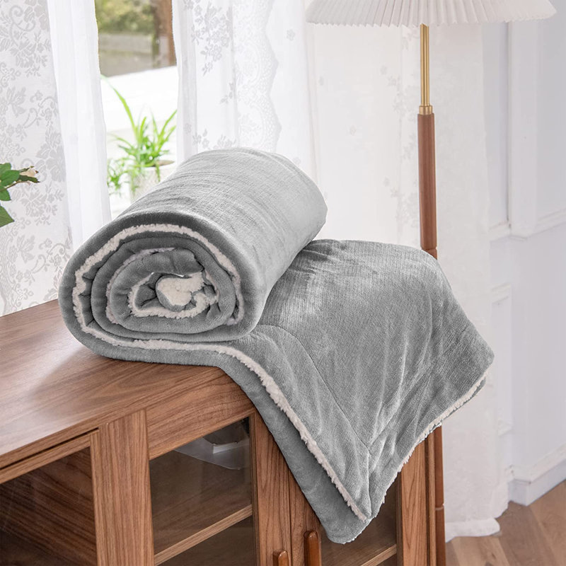 Soza Sherpa Fleece Dual Sided Fur Thick Reversible Blanket Throw, W200 x L240cm, Silver