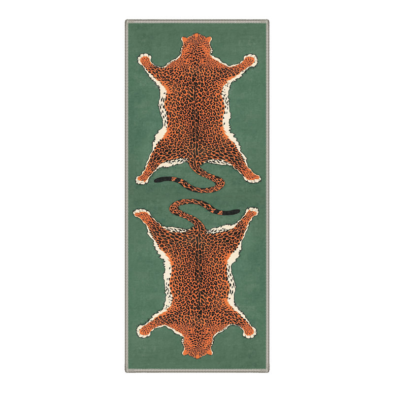 Alinda Talon Animal Print Green / Orange / Black Machine Washable Area Rug, Runner 2'6" x 8', Green / Orange / Black