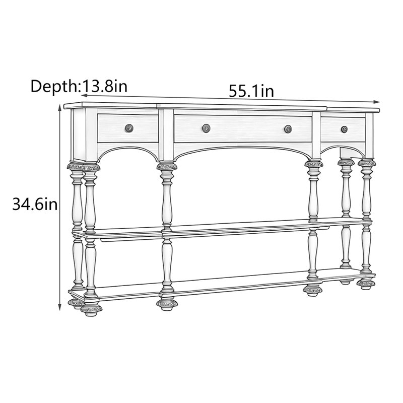 Console en bois massif de style américain, H 34,6 po x l 55,1 po x P 13,8 po