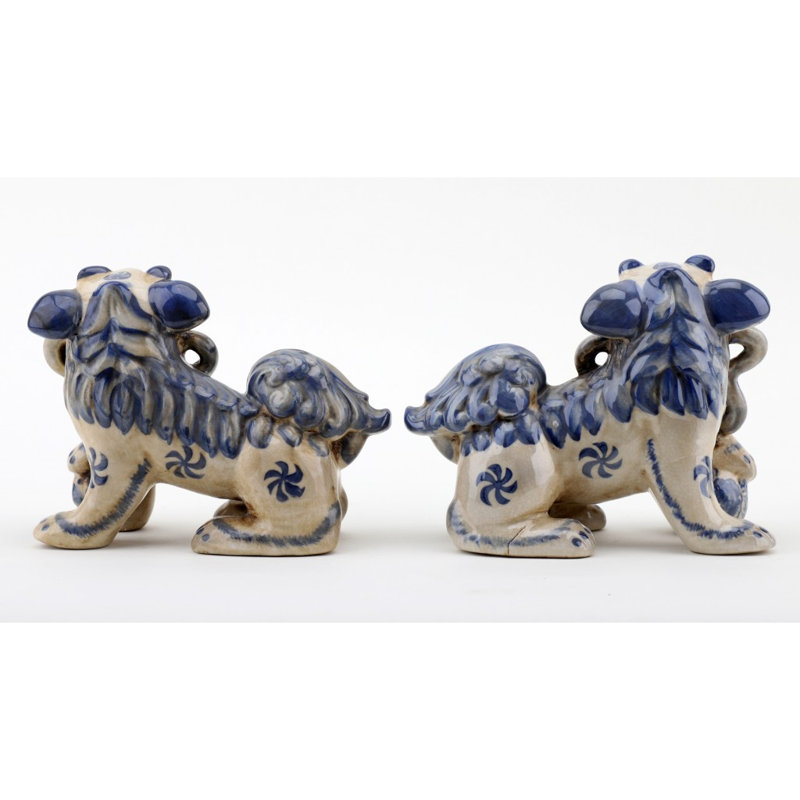 Small Pair of Lucky Foo Dog Figurine, Blue/Cream, 5.5" H x 7" W x 3.5" D