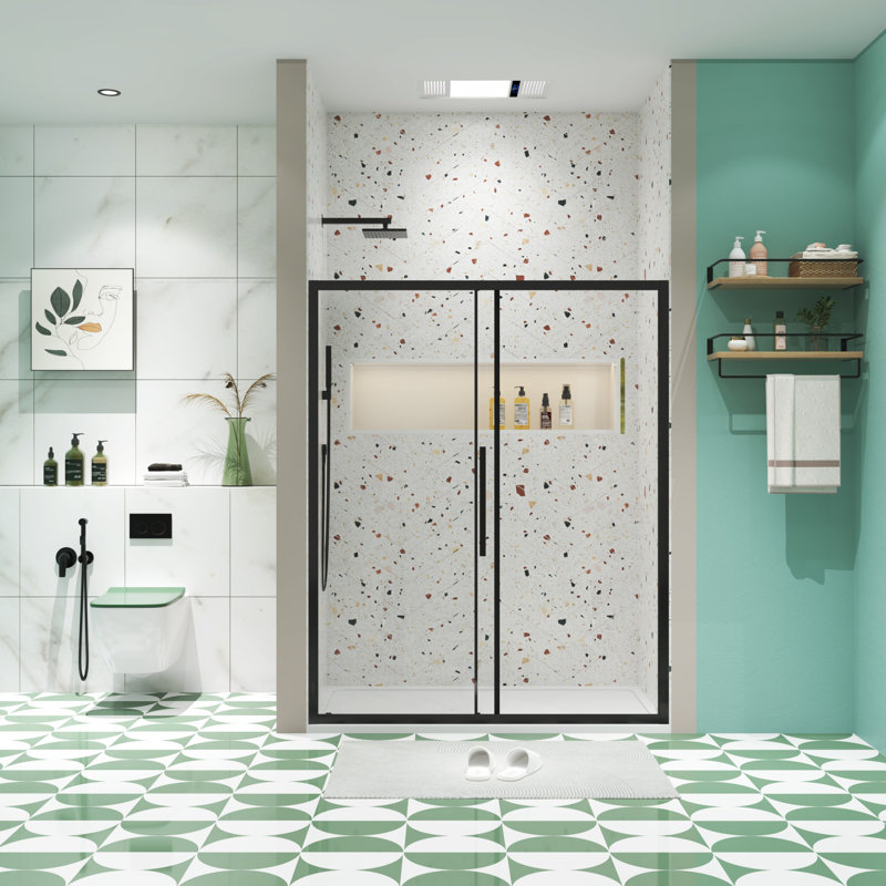 48" x 72" Matte Black Tempered Glass Sliding Shower Door