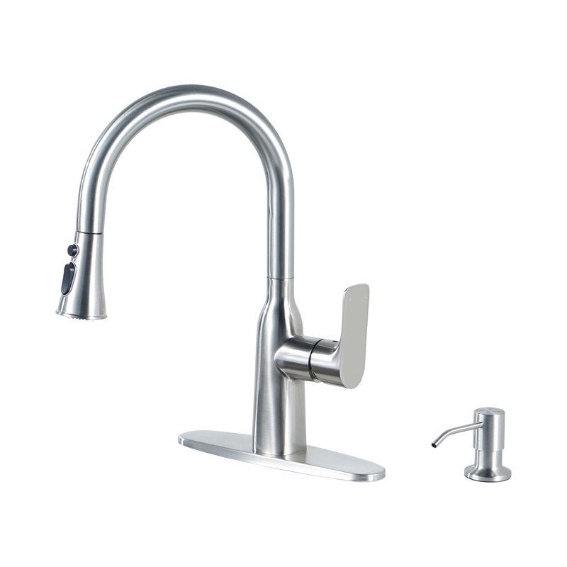 Single Handle Pull Down Kitchen Faucet with Soap Dispenser in Stainless Steel, Nickel