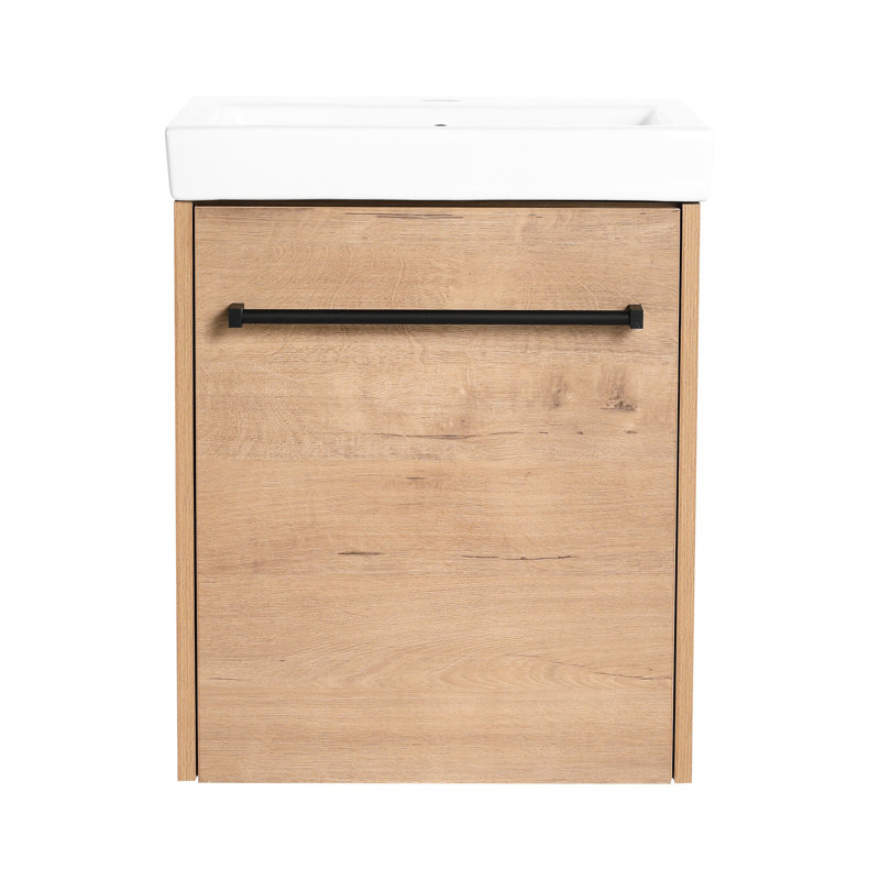 Meuble-lavabo mural de 18 po avec lavabo en céramique et armoire à fermeture en douceur, conception compacte, lavabo pré-percé, charnières en acier inoxydable, poignée en métal, fabrication flottante en contreplaqué moderne, trois couches