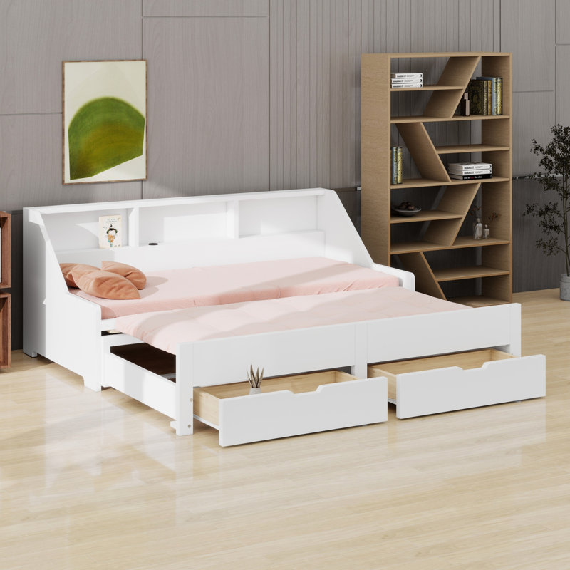 Upholstered Daybed, and Two Storage Drawers, White