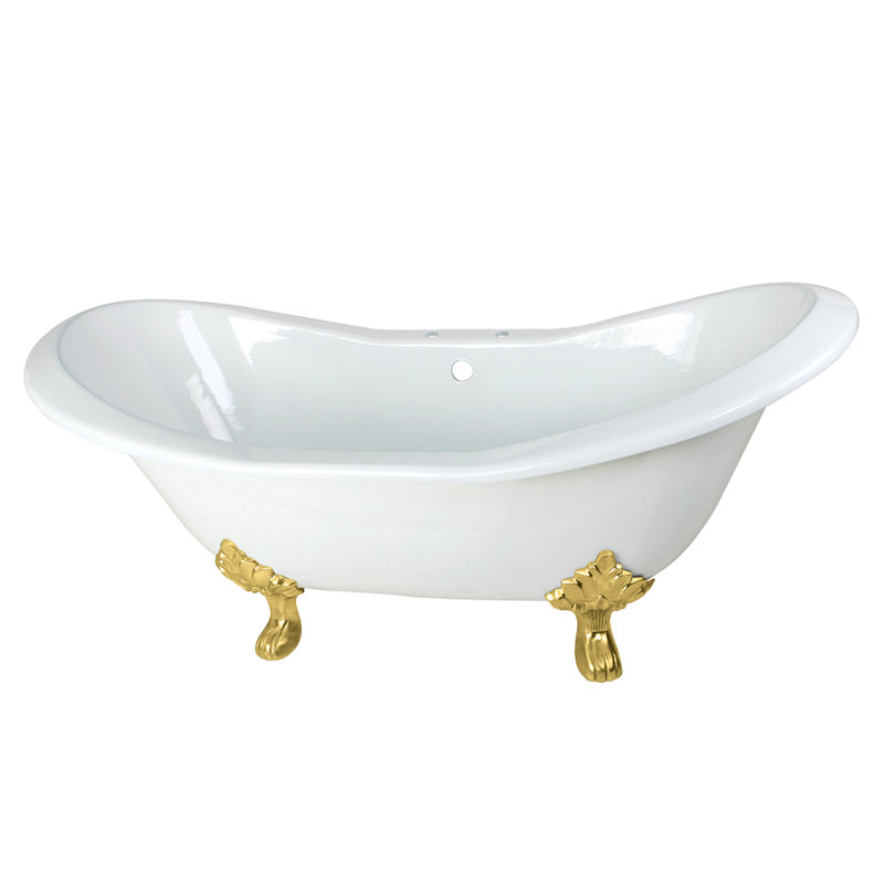 Kingston Brass Aqua Eden 72-Inch Cast Iron Oval Double Slipper Clawfoot Tub (7-Inch Faucet Drillings), Brushed Brass