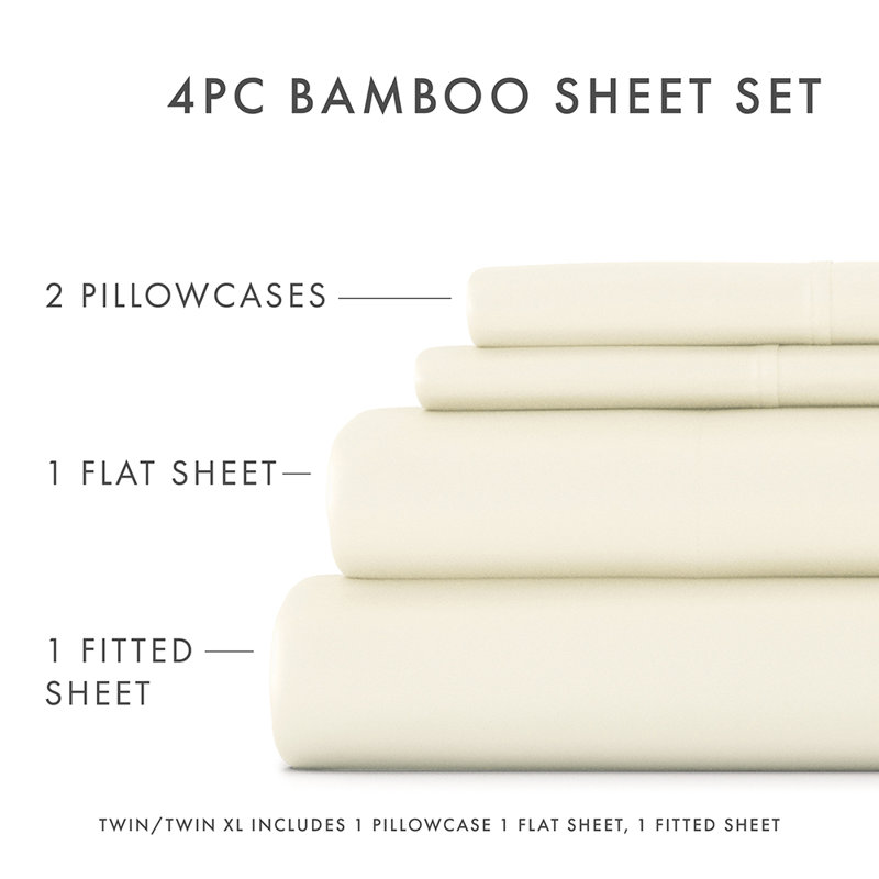 Ensemble de draps 100% rayonne de bambou, Ensemble de draps pour grand lit avec 2 taies d'or, Ivory