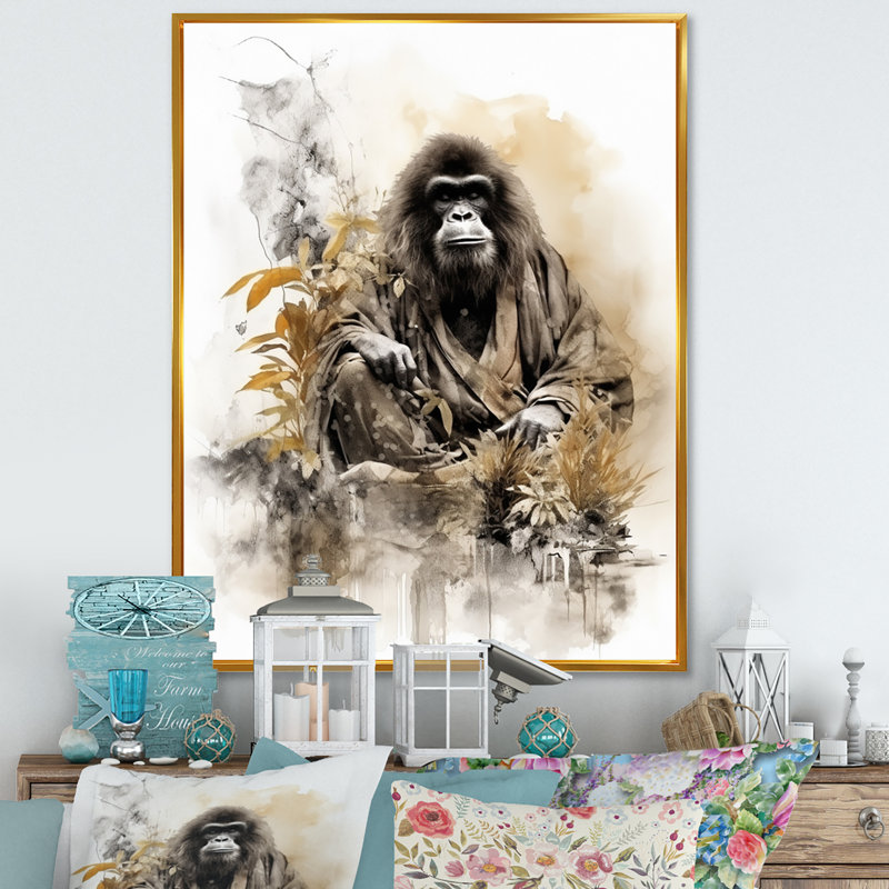 Bata, art asiatique, orang-outan Sumi I, H 20 po x l 12 po x P 1 po, Cadre flottant doré