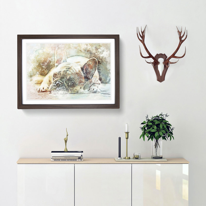Fawn French Bulldog - Picture Frame Painting Print, 60cm H x 91cm W x 2cm D, Walnut