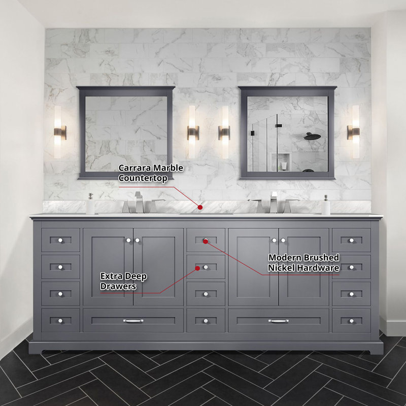 Ensemble de meuble-lavabo double avec plateau en marbre de Carrare et robinet, Gris foncé