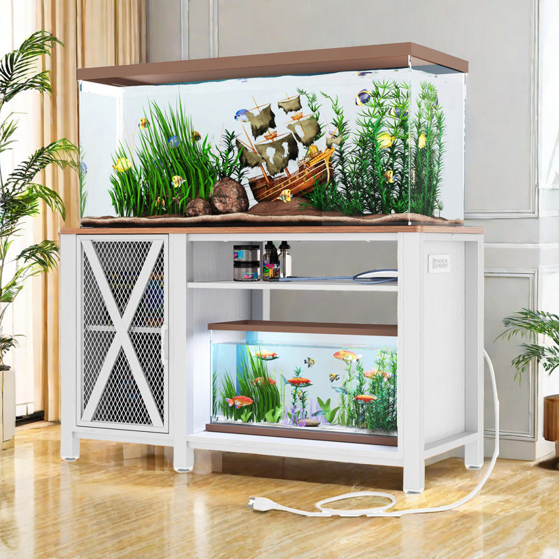 White Metal and Wood Aquarium Stand with Cabinet and Power Outlets