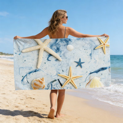 Oceans-themed Beach Towel Starfishs Seashells And Sea Turtle Fast-Drying Absorbent Bath Towel Microfiber Beach Towel