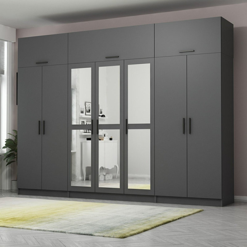 Elina 7 Door Manufactured Wood Wardrobe, 255cm H x 315cm W x 52cm D, Black