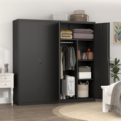 Black Steel Large Capacity Lockable Wardrobe with Hanging Rod & Compartments for Bedroom, Living Room & Laundry