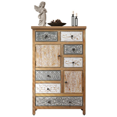 Vintage Tall Wooden Accent Cabinet With 6 Drawers & 2 Doors, Rustic Multicolor Carved Storage Chest For Living Room, Bedroom, Bathroom, Farmhouse Style Decor (27.76" L X 14.37" W X 47.44" H)