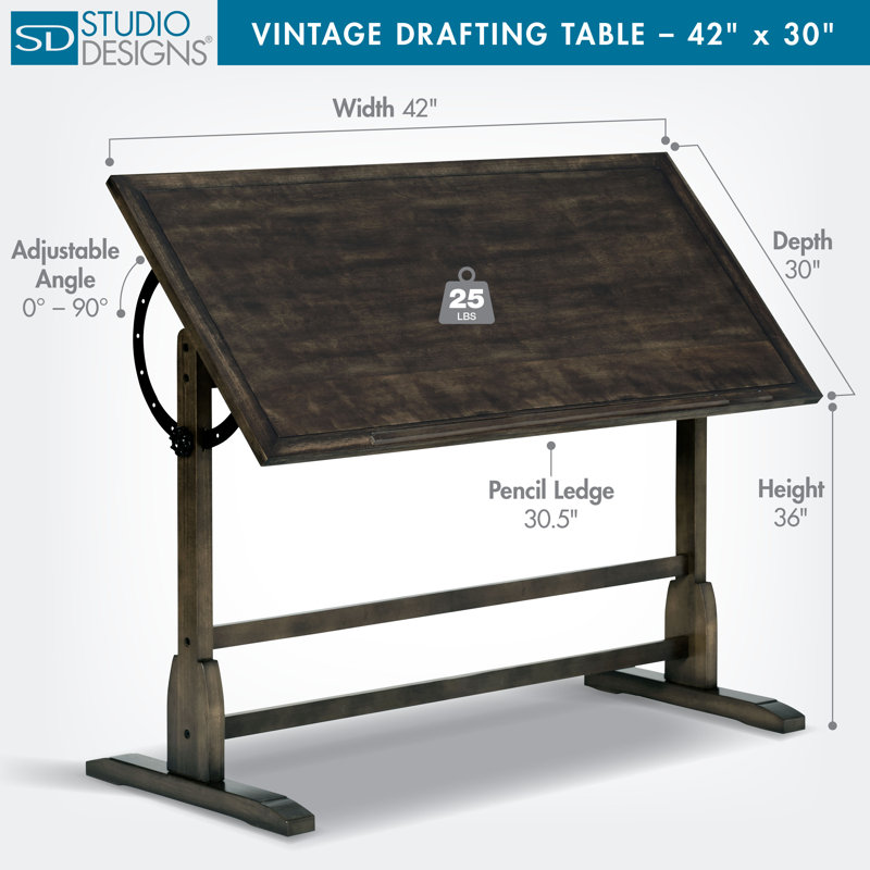 Gumesindo Solid Wood Top Drafting Table, 36" H x 42" W x 30" D, Distressed Black