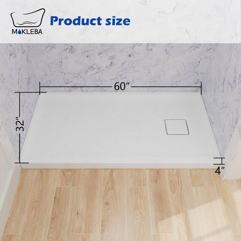 60 In. X 32 In. Rectangle White Acrylic Bathroom Alcove Shower Pan Base With Right Hand Drain, Right, White
