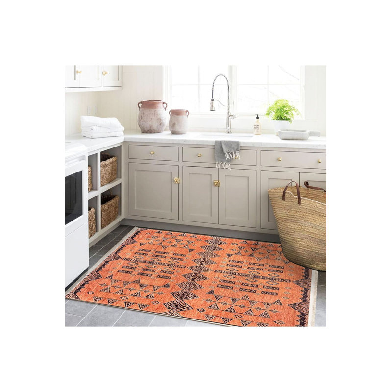 Tapis décoratif moderne orange lavable à la machine, Rectangle 3 pi 11 po x 5 pi 11 po