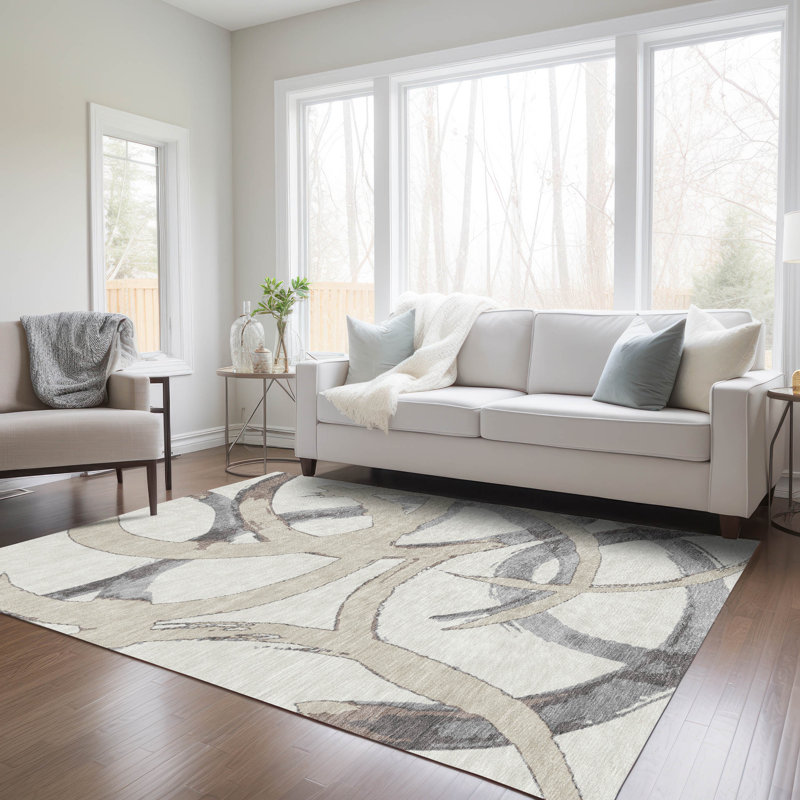 Ivory 3' x 5' Machine Washable Synthetic Area Rug